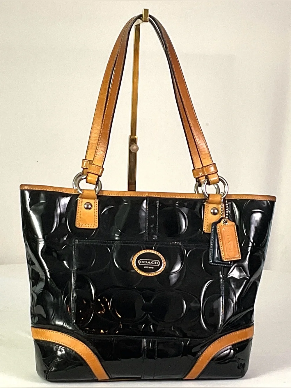 Coach -F22322-PEYTON-embossed, patent leather, tan leather trim, medium tote
